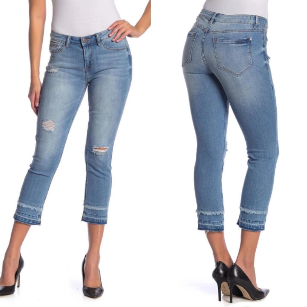 Kensie Vintage Slim Fringe Hem Cropped Jeans in Blue